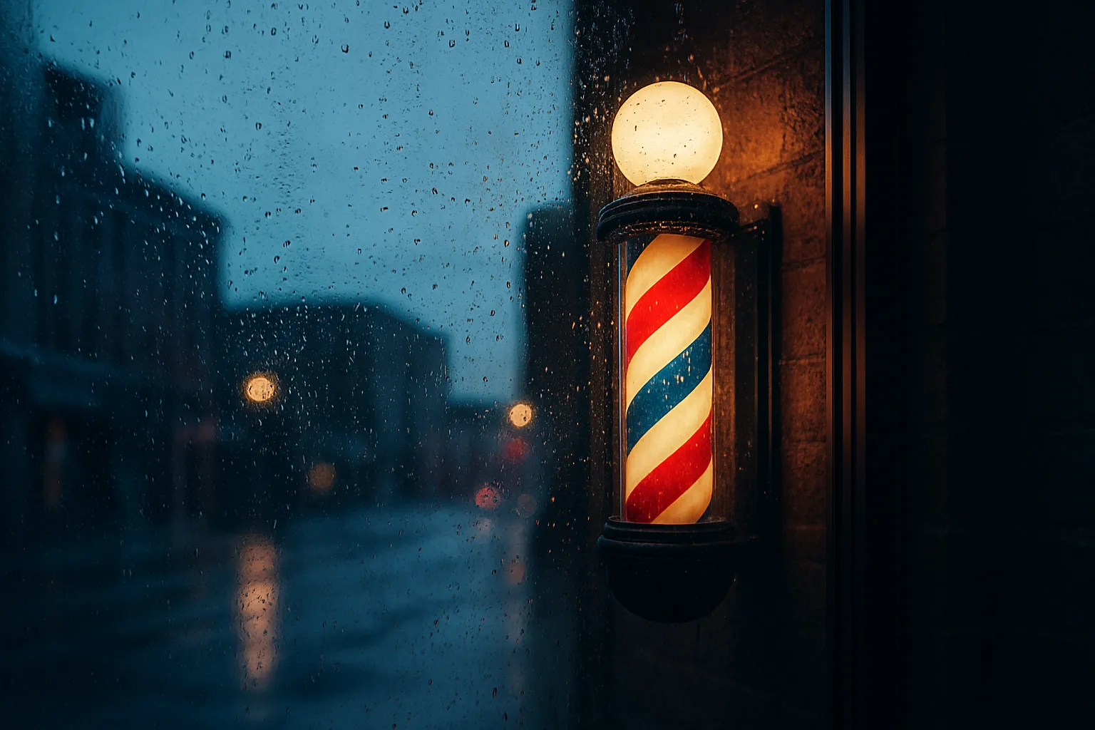 Generic illustrative image with a barber pole by a window